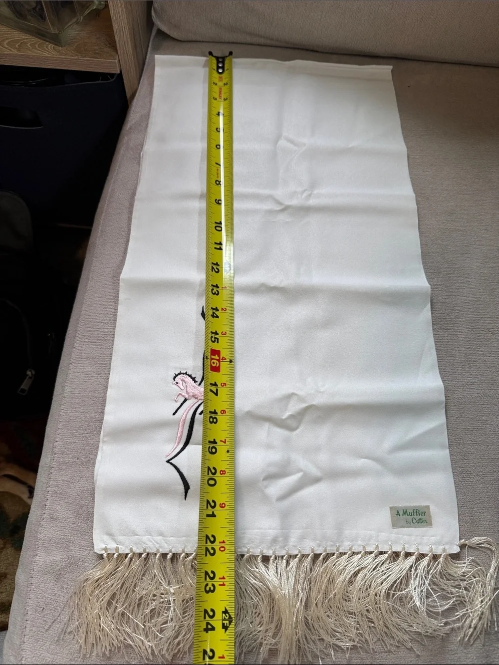 Vintage Cream Scarf with Pink and Black Embroidered Detail